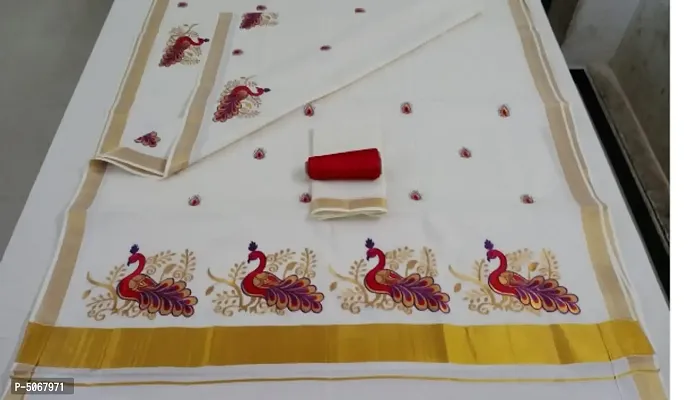 Attractive Cotton Blend Embroidered Kasavu Kerala Saree with Blouse piece-thumb0