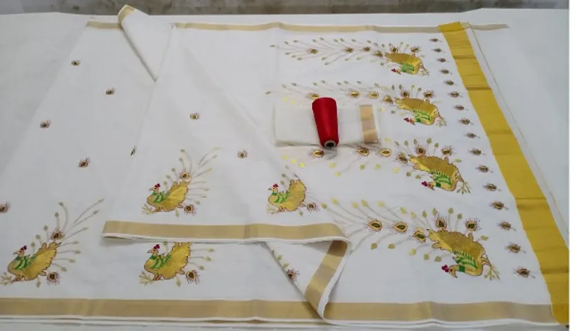 Attractive Cotton Blend Embroidered Kasavu Kerala Saree