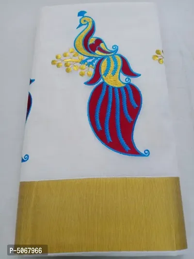 Attractive Cotton Blend Embroidered Kasavu Kerala Saree with Blouse piece-thumb2