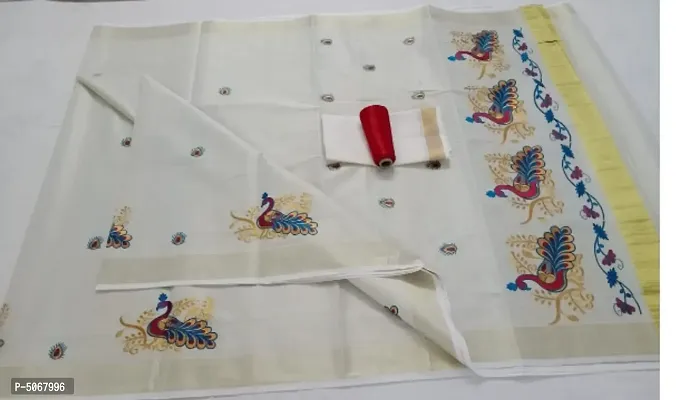 Attractive Cotton Blend Embroidered Kasavu Kerala Saree with Blouse piece