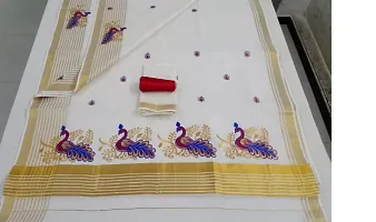 Attractive Cotton Blend Embroidered Kasavu Kerala Saree with Blouse piece-thumb2