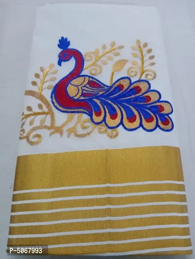 Attractive Cotton Blend Embroidered Kasavu Kerala Saree with Blouse piece-thumb2