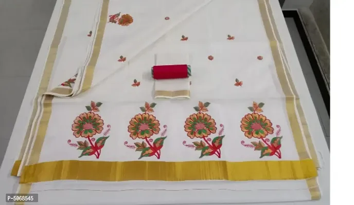 Attractive Cotton Blend Embroidered Kasavu Kerala Saree with Blouse piece