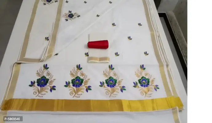 Beautiful Cotton Kerala Embroidery Work Saree with Blouse Piece