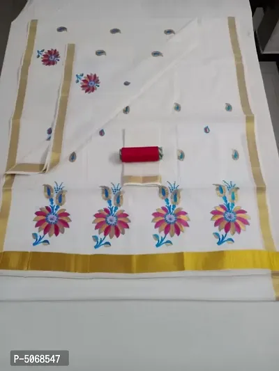 Beautiful Cotton Blend Embroidered Kasavu Kerala Saree with Blouse piece-thumb0