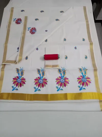 Attractive Cotton Blend Embroidered Kasavu Kerala Saree