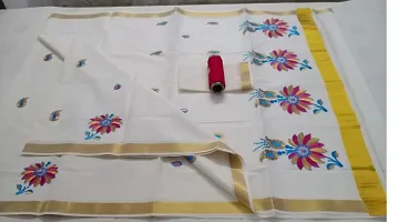 Beautiful Cotton Blend Embroidered Kasavu Kerala Saree with Blouse piece-thumb1