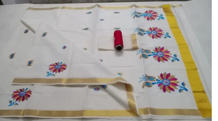 Beautiful Cotton Blend Embroidered Kasavu Kerala Saree with Blouse piece-thumb2