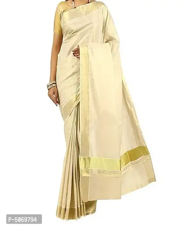 Attractive Cotton Blend Woven Design Kasavu Kerala Saree with Blouse piece