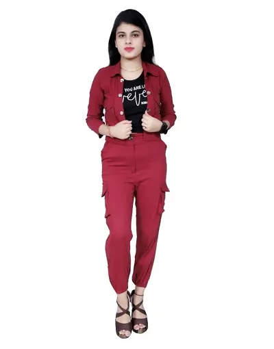 STRETCHABLE THREE PIECE DRESS CARGO TROUSER TOP WITH REMOVABLE JACKET