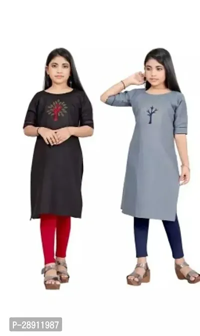 Alluring Multicoloured Cotton Solid Kurtas For Girls Pack Of 2-thumb0