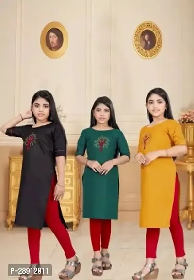 Alluring Multicoloured Cotton Solid Kurtas For Girls Pack Of 3-thumb0