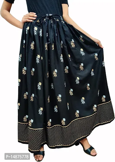 Women's Ethnic Designer Rajasthani Jaipuri Skirt Mid Waist Elastic Flared Skirt Gold Printed Festival Fashionable Long Skirt|Skirts For Women Stylish Latest (Full Length, Free Size)-thumb3