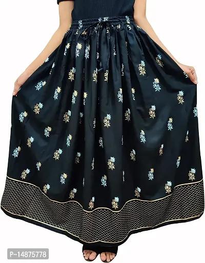 Women's Ethnic Designer Rajasthani Jaipuri Skirt Mid Waist Elastic Flared Skirt Gold Printed Festival Fashionable Long Skirt|Skirts For Women Stylish Latest (Full Length, Free Size)-thumb0