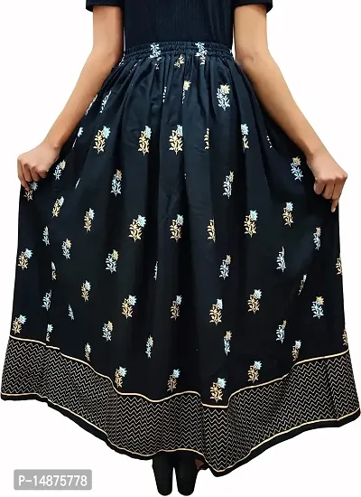 Women's Ethnic Designer Rajasthani Jaipuri Skirt Mid Waist Elastic Flared Skirt Gold Printed Festival Fashionable Long Skirt|Skirts For Women Stylish Latest (Full Length, Free Size)-thumb2
