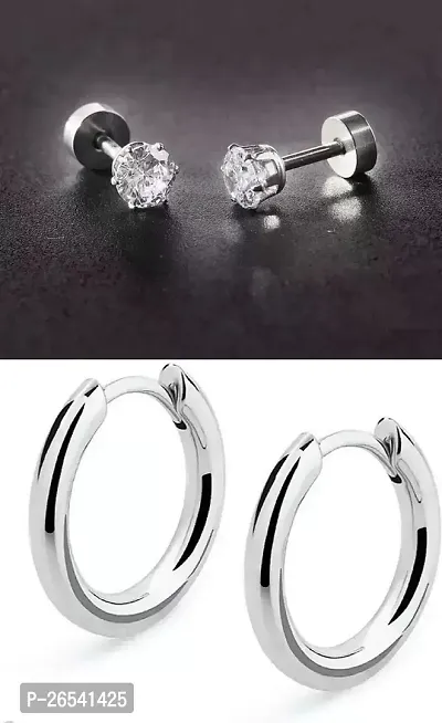 Little Wish Fancy Combo of Silver Small Round Crystal Stud Earrings and Silver Round Hoop Earrings for Men and Women