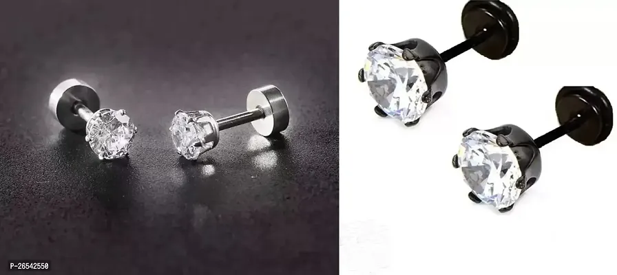 Little Wish Fancy Combo of Silver and Black Small Round Crystal Stud Earrings For Men and Women (PACK OF 2 PAIR)