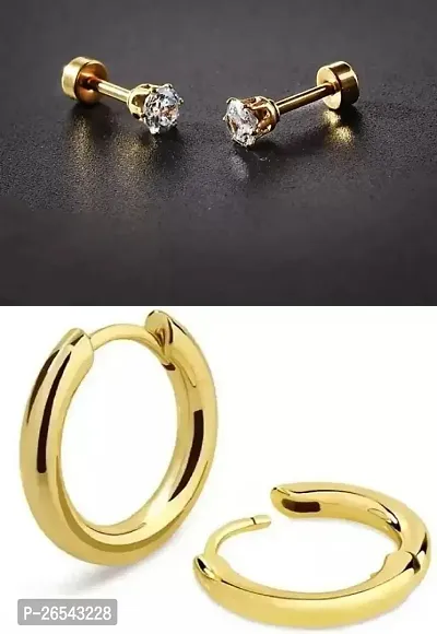 Little Wish Fancy Combo of Gold Small Round Crystal Stud Earrings and Round Hoop Earrings for Men And Women