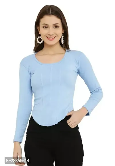 Elegant Blue Cotton Lycra Solid Top For Women-thumb0