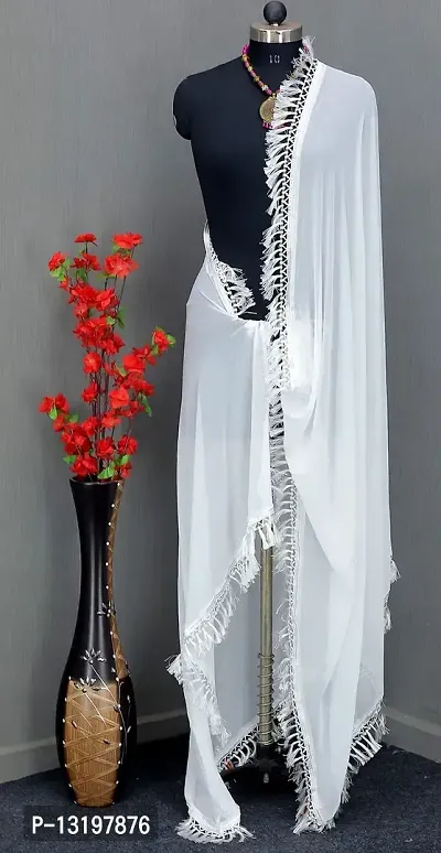 NEEL ART Women's Plain Casual Chinon Silk Fabric with Lace border Dupatta.(Free Size_White_09)-thumb2