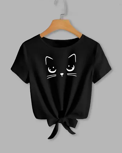 JMD Collection HUB Women's Short Sleeve Crew Neck Tie Front Cat Print Cropped T-Shirt Top (S, Black)