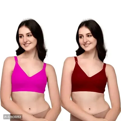 Glamsty Women's Cotton Blend Non Padded Non-Wired T-Shirt Bra Pack of 2 (Pink & Maroon) Size:-38