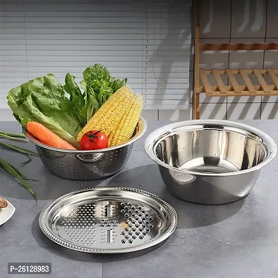 Stainless Steel 3 in 1 Kitchen Multipurpose Kitchen Stainless Steel Bowl,Vegetable/Fruit Grater Kitchen Mesh Strainers,Drain Basket, Julienne Graters for Vegetable Cutter-thumb0