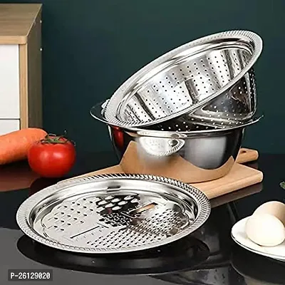 Stainless Steel 3 in 1 Kitchen Multipurpose Kitchen Stainless Steel Bowl,Vegetable/Fruit Grater Kitchen Mesh Strainers,Drain Basket, Julienne Graters for Vegetable ..