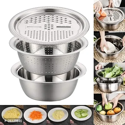 3 in 1 Multifunctional Grater Basin Stainless Steel Colanders Set Basin with Grater Strainer and Drain Basket for Kitchen Washing Vegetables (26CM)-thumb0