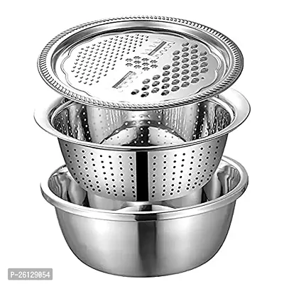 3 in 1 Kitchen Multipurpose Kitchen Stainless Steel Bowl, Drain Basket, Julienne Graters for Vegetable Cutter, Vegetable/Fruit Grater Washing Bowl Kitchen Mesh Strainers