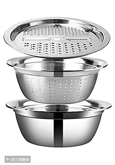 3 in 1 Kitchen Multipurpose Kitchen Stainless Steel Bowl, Drain Basket, Julienne Graters for Vegetable Cutter,Vegetable/Fruit Grater Kitchen Mesh Strainers-thumb0