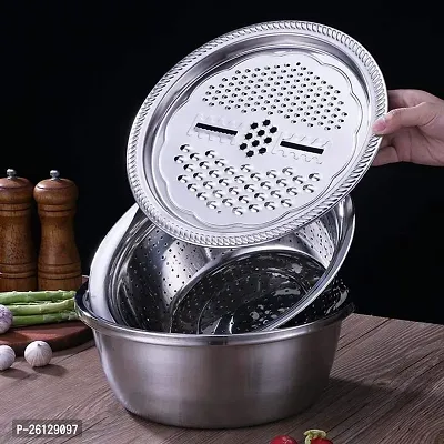 3 in 1 Kitchen Multipurpose Kitchen Stainless Steel Bowl, Drain Basket, Julienne Graters for Vegetable Cutter,Vegetable/Fruit Grater Kitchen Mesh Strainers(Set of 1, 26CM)-thumb0