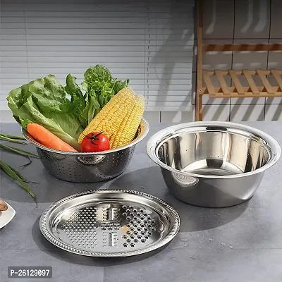 3 in 1 Kitchen Multipurpose Kitchen Stainless Steel Bowl, Drain Basket, Julienne Graters for Vegetable Cutter,Vegetable/Fruit Grater Kitchen Mesh Strainers(Set of 1, 26CM)-thumb4