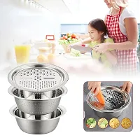 3 in 1 Kitchen Multipurpose Kitchen Stainless Steel Bowl, Drain Basket, Julienne Graters for Vegetable Cutter,Vegetable/Fruit Grater Kitchen Mesh Strainers(Set of 1, 26CM)-thumb2