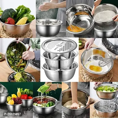 3 in 1 Kitchen Multipurpose Kitchen Stainless Steel Bowl, Drain Basket, Julienne Graters for Vegetable Cutter,Vegetable/Fruit Grater Kitchen Mesh Strainers(Set of 1, 26CM)-thumb5