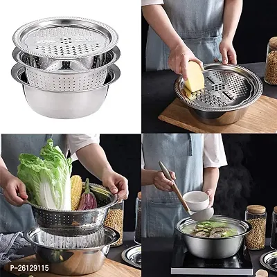 3 in 1 Kitchen Multipurpose Kitchen Stainless Steel Bowl, Drain Basket, Julienne Graters for Vegetable Cutter,Vegetable/Fruit Grater Kitchen Mesh Strainers(-thumb0