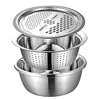 3 in 1 Kitchen Multipurpose Kitchen Stainless Steel Bowl, Drain Basket, Julienne Graters for Vegetable Cutter,Vegetable/Fruit Grater Kitchen Mesh Strainers(-thumb1