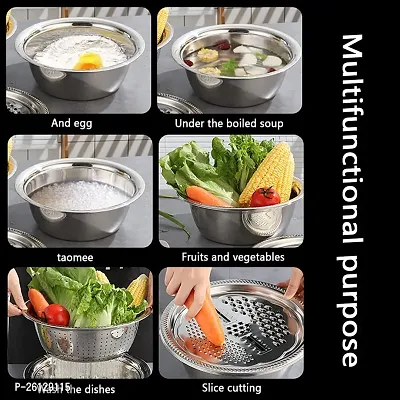 3 in 1 Kitchen Multipurpose Kitchen Stainless Steel Bowl, Drain Basket, Julienne Graters for Vegetable Cutter,Vegetable/Fruit Grater Kitchen Mesh Strainers(-thumb4