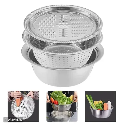 Stainless Steel Mirror Finish 3-in-1 Multipurpose Drain Basket- Grater- Basin Bowl; Vegetable Slicer for Kitchen Cutting | Nesting Strainer for Fruits and Other Items-thumb0