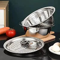 Stainless Steel Mirror Finish 3-in-1 Multipurpose Drain Basket- Grater- Basin Bowl; Vegetable Slicer for Kitchen Cutting | Nesting Strainer for Fruits and Other Items-thumb1