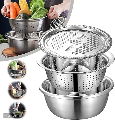 Stainless Steel Mirror Finish 3-in-1 Multipurpose Drain Basket- Grater- Basin Bowl; Vegetable Slicer for Kitchen Cutting | Nesting Strainer for Fruits and Other Items-thumb5