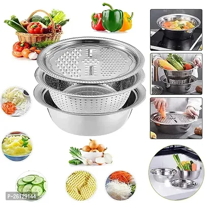 Stainless Steel Basket | 3 in 1 Multifunctional Stainless Steel Drain Basket | Vegetable Cutter with Drain Basket | Grater  Drain Bowl | Kitchen Salad Maker Bowls