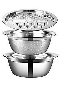 Stainless Steel Basket | 3 in 1 Multifunctional Stainless Steel Drain Basket | Vegetable Cutter with Drain Basket | Grater  Drain Bowl | Kitchen Salad Maker Bowls-thumb3