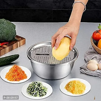 Multifunctional Stainless Steel Grater Basin 3 in 1 Colanders Basin, Grater Strainer and Drain Basket Salad Maker Bowl1 (Set of 3 piecs)-thumb0