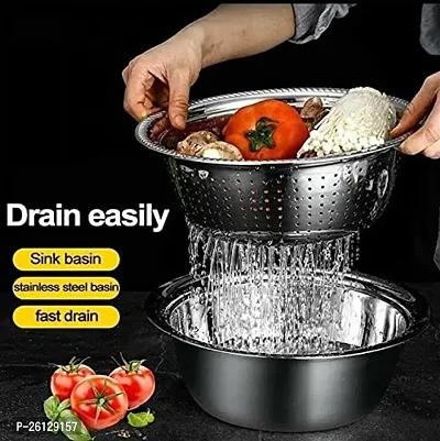 Multifunctional Stainless Steel Grater Basin 3 in 1 Colanders Basin, Grater Strainer and Drain Basket Salad Maker Bowl1 (Set of 3 piecs)-thumb2