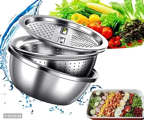 3 in 1 Kitchen Multipurpose 11 Inch Silver Stainless Steel Drain Basket, Vegetable Cutter, Julienne Grater | Set of 1 | Stainless Steel | Silver