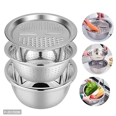 Stainless Steel Mirror Finish 3-in-1 Multipurpose Drain Basket- Grater- Basin Bowl; Vegetable Slicer for Kitchen Cutting | Nesting Strainer for Fruits and Other Items | Outer Diameter- 26cm