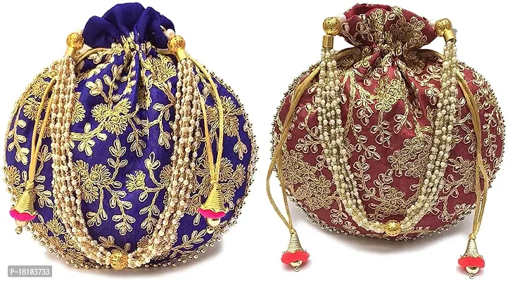 BINORI FASHIONS Rajasthani Style Royal Clutch Silk Batwa Bag Combo Wristlets Ethnic Potli Combo For Women's Zari Work Potli Combo Bridal Potli Combo Potli Bags Combo. (ROYAL BLUE  MAROON)