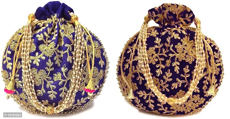 BINORI FASHIONS Rajasthani Style Royal Clutch Silk Batwa Bag Combo Wristlets Ethnic Potli Combo For Women's Zari Work Potli Combo Bridal Potli Combo Potli Bags Combo. (ROYAL BLUE  NAVY BLUE)