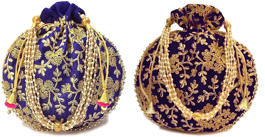 BINORI FASHIONS Rajasthani Style Royal Clutch Silk Batwa Bag Combo Wristlets Ethnic Potli Combo For Women's Zari Work Potli Combo Bridal Potli Combo Potli Bags Combo.